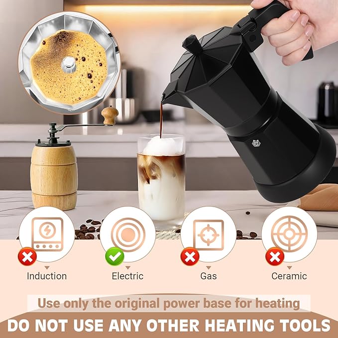 Black Aluminum Electric Moka Pot, 3 or 6 Cups Espresso Maker with Dose Reduction Plate