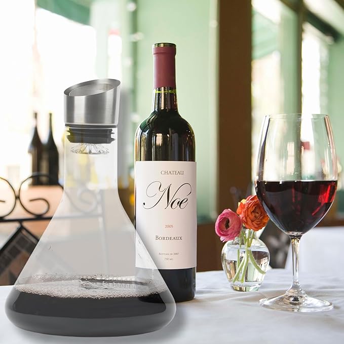 Levare Wine Decanter with Aerator - Lead-Free Crystal Wine Decanter with Built-in Aerator and Sediment Filter - Drip-Proof Stainless Steel Pourer Lid - Ideal Gifts for Enthusiasts and Connoisseurs