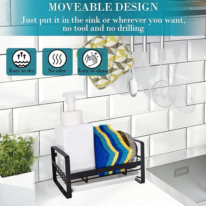 VANTEN Kitchen Sink Caddy Sponge Holder Organizer, Sink Tray Drainer Rack, Soap Dish Dispenser Brush Holder Storage Accessories - Countertop or Adhesive Wall Mount, Matte Black Stainless Steel