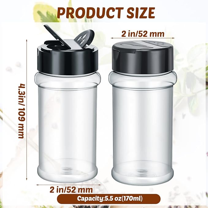 Jadive 36 Pcs 5.5 oz Plastic Spice Jars with Shaker Lids Clear Spice Bottles Plastic Seasoning Containers Empty Shaker for Kitchen Storing Herbs Seasoning Powders Pepper Dry Goods (Black)
