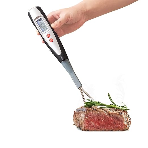 Meat Thermometer Fork with Electronic Ready Alarm, Digital Cooking Thermometer with Instant Read, LCD Display and Led Light, Grill Thermometers for BBQ Grilling Gadgets Steak Pork, Black