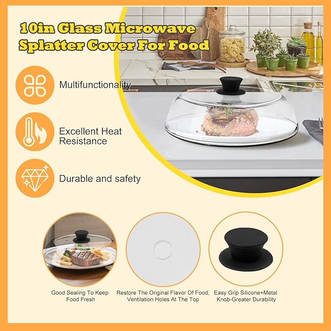 10in Glass Microwave Splatter Cover for Food, 10in Glass Microwave Cover for Food, Microwave Plate Lid with Vent Holes & Easy-Grip Handle, Dishwasher Safe, No Plastic, Food Grade,
