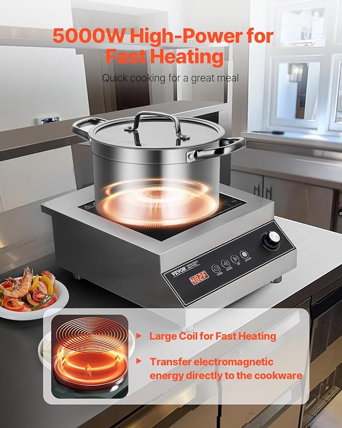 VEVOR Portable Commercial Cooktop, 5000W Induction Burner with 16 Temp Settings, Stainless Steel Countertop Induction Hot Plate with 4H Timer, Child Lock