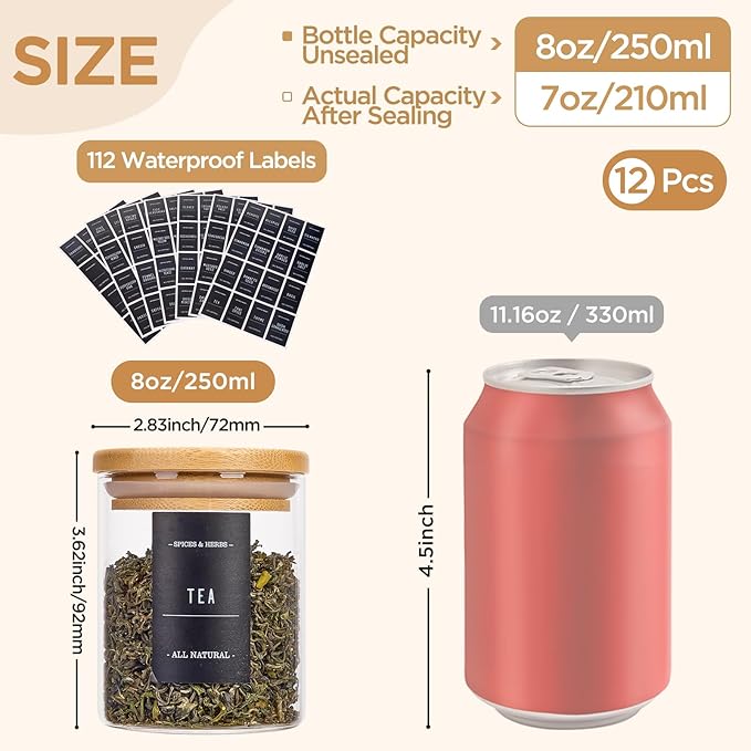 8oz Spice Jars with Bamboo Airtight Lids and Labels, 12 pcs Small Glass Containers with Bamboo Lids, Kitchen Organizer for Seasoning, Spice Containers for Spices, Tea, Salt, and Candy
