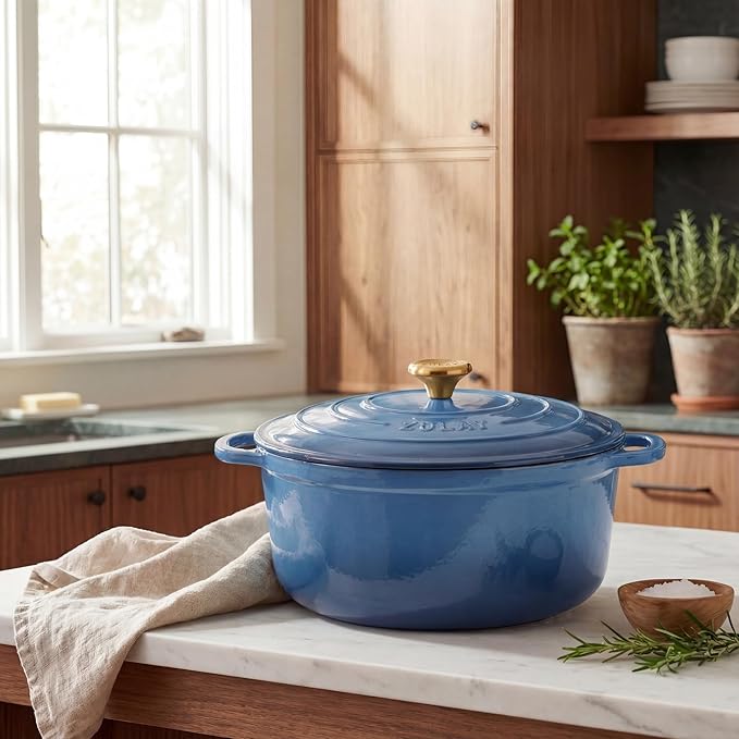 Zulay Kitchen 6 Quart Enameled Cast Iron Dutch Oven Pot with Lid – Premium Durability & Oven Safe up to 500°F – Heavy Duty Cookware Perfect for Bread Baking, Stews, Braising & Roasting - Aquamarine