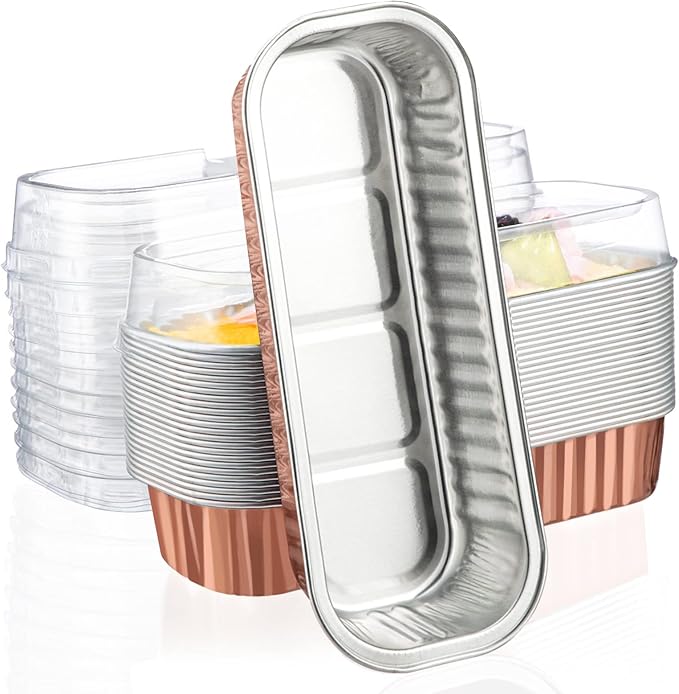 EUSOAR Disposable Aluminum Ramekins, 25pcs 6.8oz 6.5"x2.5"x1.2" Foil Mini Loaf Pans with Lids，Cupcake Baking Cups Containers Wrappers, Dessert Cheesecake Creme Brulee Ramekins Pan-Rose Gold