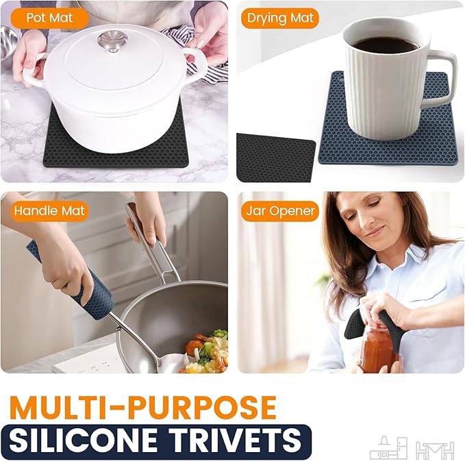 Silicone Trivet Mats 4 Heat Resistant Pot Holders Multipurpose Non-Slip Hot Pads for Kitchen Potholders, Drying mat, Jar Opener, Spoon Holder, Coaster.(Black Hidden Blue)