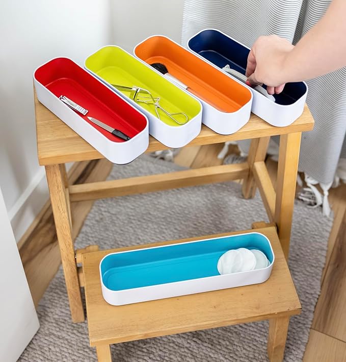 Three by Three Seattle 5-Piece Metal Stacking Drawer Organizers – Large, 2" Deep, Food-Safe – Stylish Kitchen Drawer Storage (Multi Color)