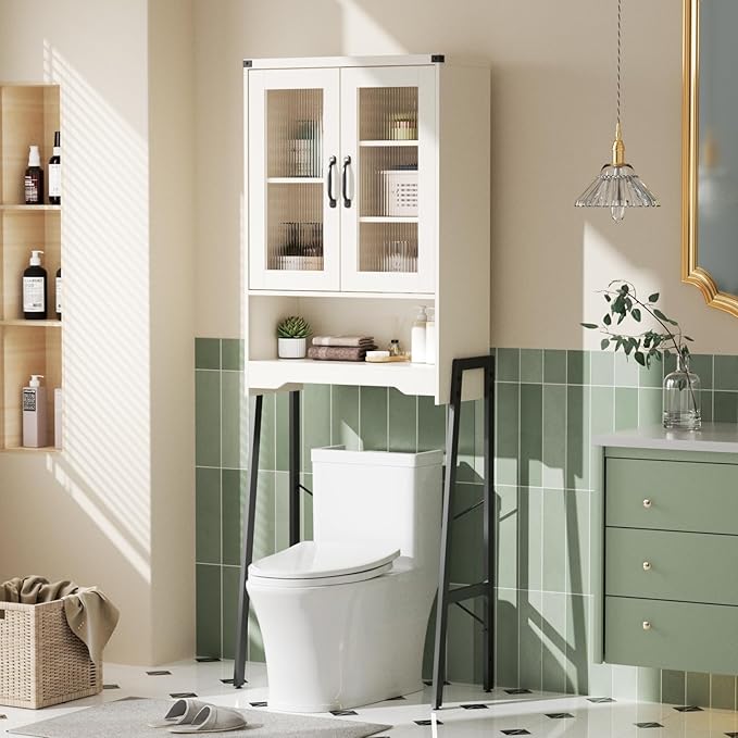 Over The Toilet Storage Cabinet with Tempered Glass Doors & Adjustable Shelf, Bathroom Organizers and Storage with Metal Stand Space Saver Over Toilet Organizer, Tall Freestanding Rack, White