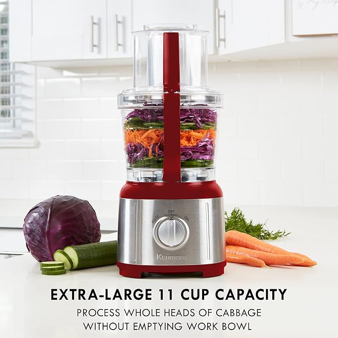 Kenmore 11-Cup Food Processor and Vegetable Chopper with Reversible Slicing/Shredding Disc, Chop, Slice, Shred, Mince, Grate, Puree, Stainless Steel, 500W, Red and Silver