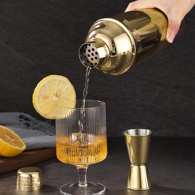 LUCKYGOOBO Cocktail Shaker,24 oz Martini Shaker,Food Grade Stainless Steel Martini Mixer Built-in Strainer,Drink Shaker,Bartender Kit Gifts. (Gold)