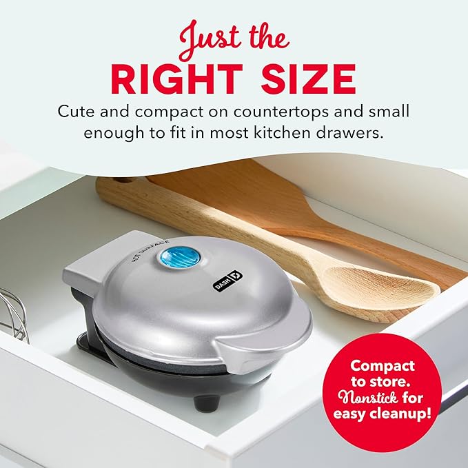 Dash Mini Waffle Maker- Compact Electric Iron for Creative Homemade Treats - PTFE nonstick surface - Easy-to-Clean - Perfect for Kids & Families - Silver