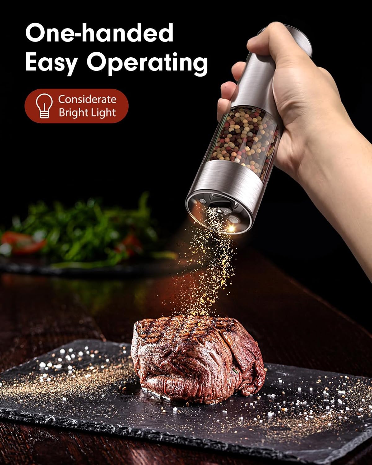 TOMEEM Upgraded Larger Capacity Electric Salt and Pepper Grinder Set Rechargeable with LED lights, Stainless Steel Automatic Pepper and Salt Grinder Refillable with 5 Adjustable Coarseness