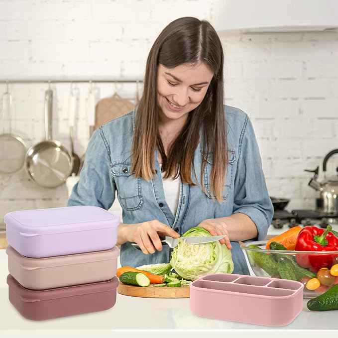 Potchen 4 Pcs Large 7.6x5x2 Inches Silicone Bento Box Reusable Lunch Container Leakproof Snack Meal Boxes for Work Travel Food Storage Microwave Dishwasher Freezer Safe 4 Compartment(Bright Color)