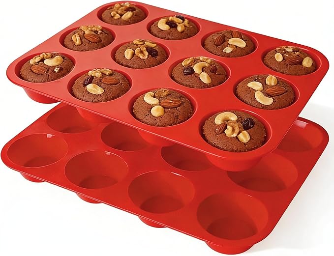 Silicone Muffin Pans for Baking Nonstick 2 Pcs, 12 Cup Regular Cupcake Pan, Food-Grade Silicone Baking Molds for Cupcakes, Egg Bites, Freezer, Red