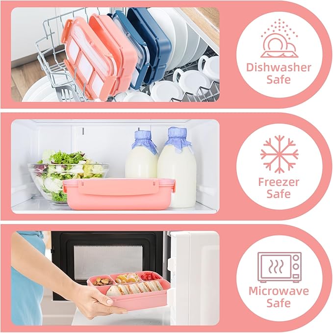 QQKO Bento Box Adult Lunch Box, Lunch Containers for Adults Men Women, Kids Lunch Boxes for School with 4 Compartments, Sauce Container, Utensils and Muffin Cups, Pink