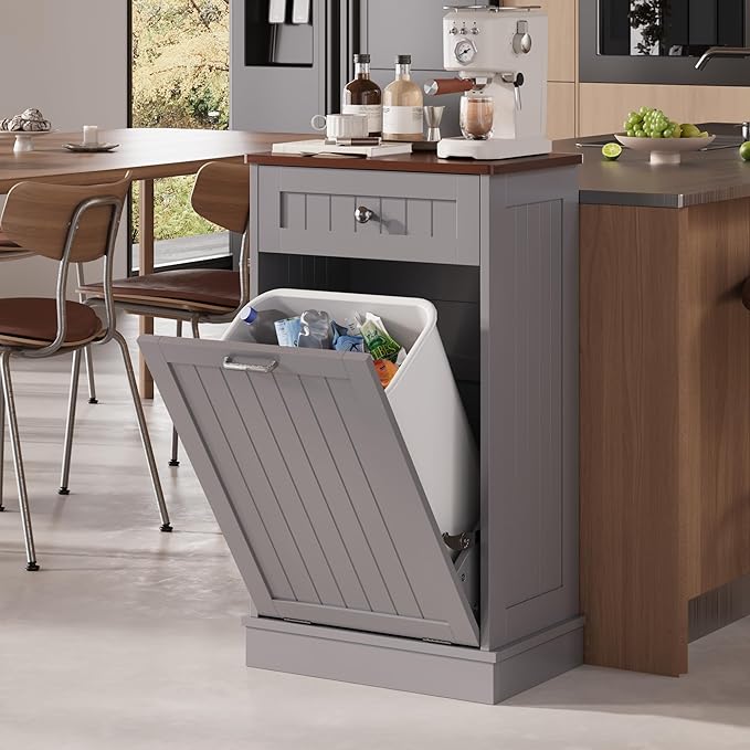 KIGOTY Tilt Out Trash Cabinet,Wooden Kitchen Trash Bin Holder Garbage Bin Recycling Cabinet Laundry Hamper with Solid Wood Countertop and Hideaway Drawer (Gray)