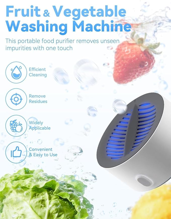 Fruit and Veggie Cleaner, Produce Cleaner, Fruit and Vegetable Washing Machine, Oh-Ion Portable Food Device for Surface Residues, Ipx7 Waterproof for Berries & Meat (1Pc)