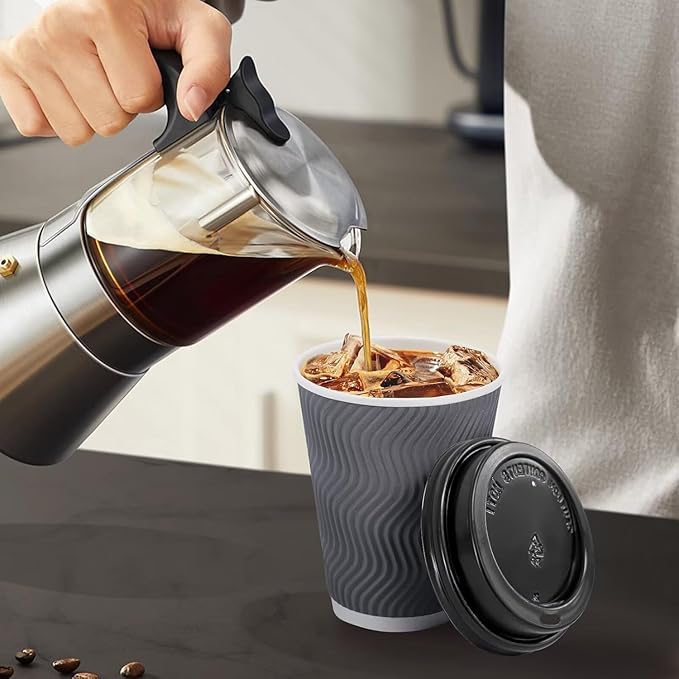 100 Pack 16 oz Disposable Coffee Cups with Lids, Insulated Ripple Wall To-Go Paper Coffee Cups Suitable for Chocolate Cocoa and Hot/Cold Drinks (Grey)