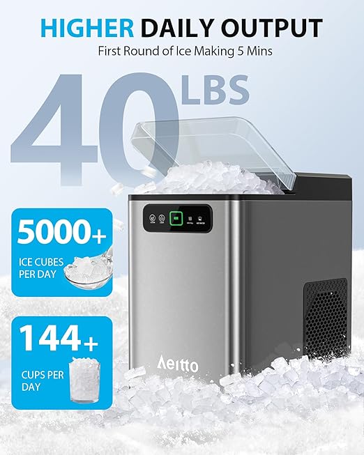 Aeitto Nugget Ice Maker 40Lbs/24H, Countertop Soft Chewable Ice Pebble Ice Machine, One-Click Operation, Auto Self-Cleaning Ice Makers with Scoop&Basket for Home, Office, Kitchen, Party (Grey)