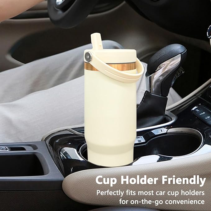 30 oz Tumbler with Handle and Straw, Vacuum Insulated Tumblers with Flip Straw and Top Handle, Leakproof Powder Coated Tumbler, Stainless Steel Travel Mug for Coffee Water (Cream, 1 Pack)