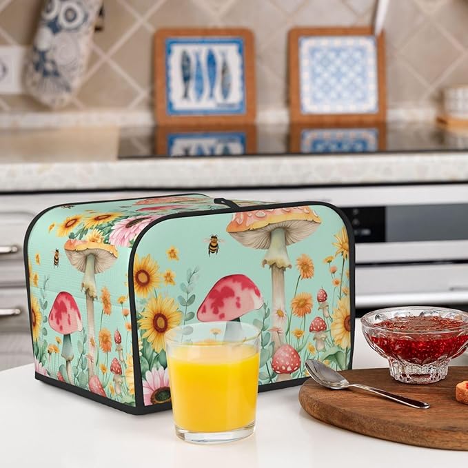 Pastel Sunflowers Mushrooms Covers for 4 Slice Toasters,Cute Country Bread Machine Cover with Handle,Washable Stain Resistant Kitchen Small Appliance Cover Dining Decor