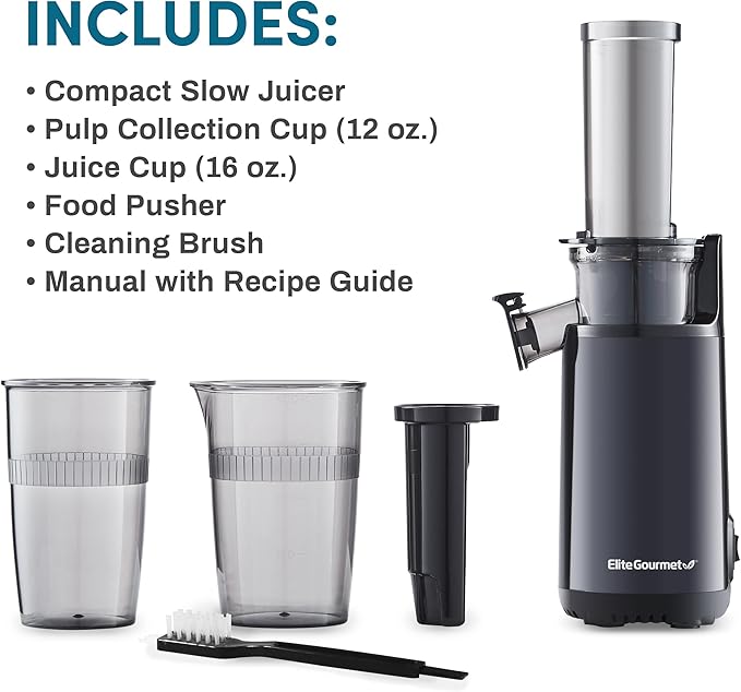 Elite Gourmet Compact Masticating Slow Juicer, Cold Press Juice Extractor, BPA-Free, with Electric Citrus Juicer, Pulp Control, 24oz