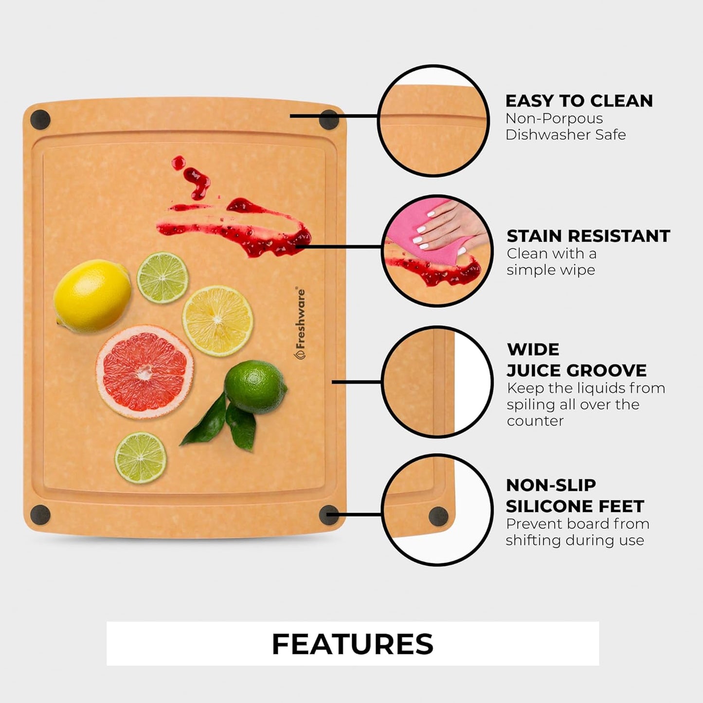Freshware Wood Cutting Boards for Kitchen, Juice Groove, Non-Slip Silicone Feet, Dishwasher Safe, Medium 12" x 9" and Large, 15" x 11.25", Set of 2, Natural
