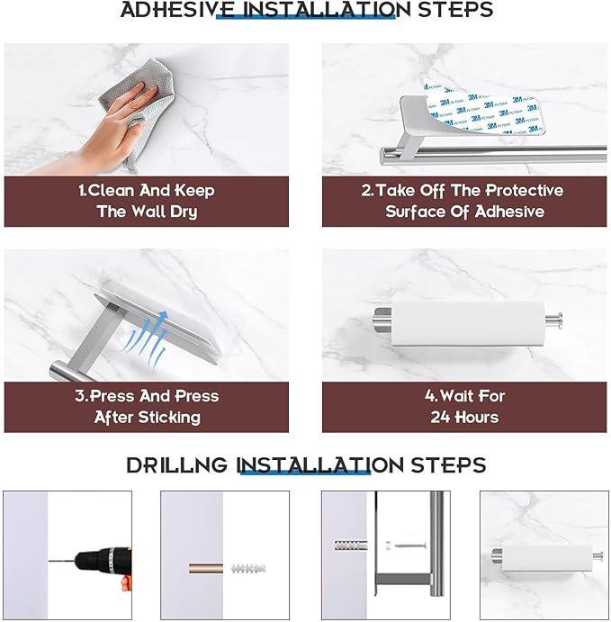 ASTOFLI Paper Towel Holder Under Cabinet No Drilling, Self Adhesive Paper Towel Holder Wall Mount for Kitchen Rack, Under Counter Napin Holder No Drill, RV, 304 Stainless Steel, Silver 2 Pack