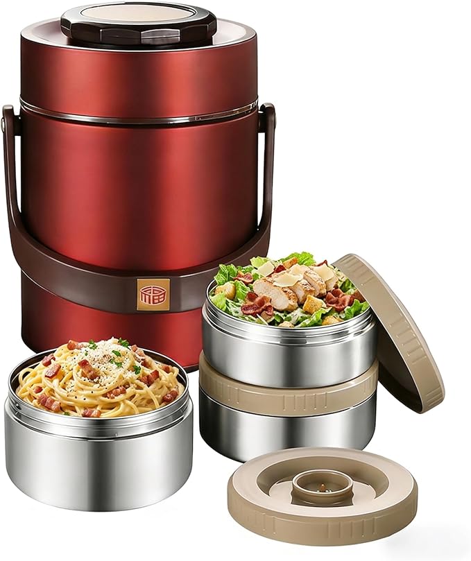 67oz Adults Stainless Steel Vacuum Insulated Thermal Lunch Box, 3 Tier Stackable Sealed Leak-Proof Wide Mouth Portable Bento Food Container, Hot Food Thermo Jar for Soup Office & Outdoor (Red)