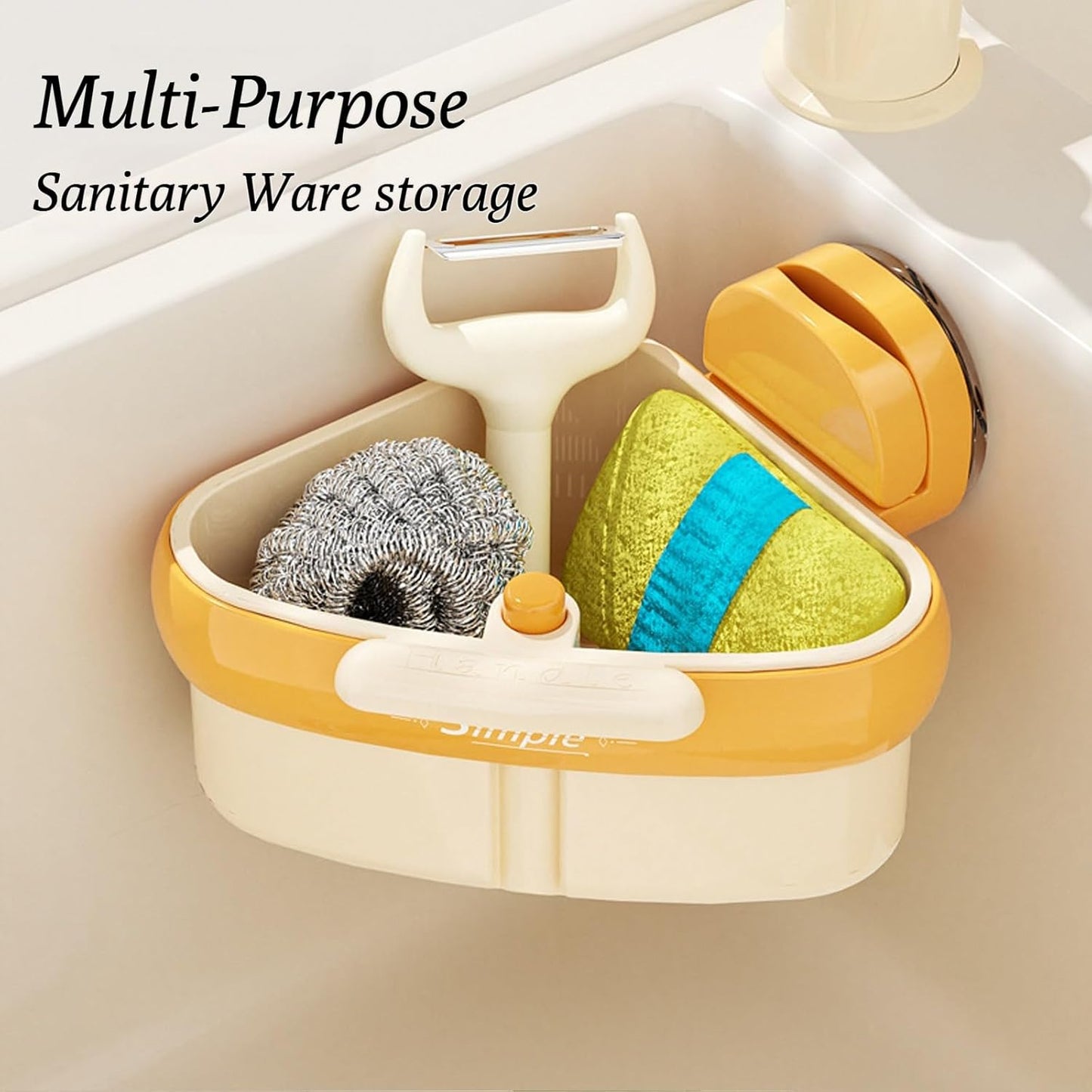 Suction Cup Sink Corner Rack, 2025 Upgraded Automatic Dumping Sink Strainer Basket, Suction Cup Press Sink Drainer Basket, No Drilling Corner Sink Strainer for Food Waste (Yellow, 1Pc)