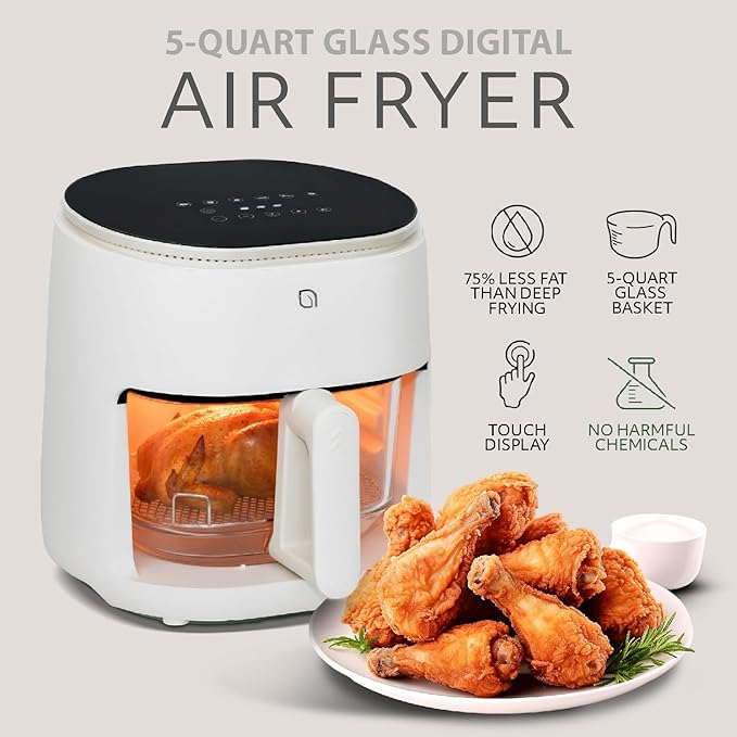 WILLOW Eco Series 6 in 1 Air Fryer with Glass Basket, 5 Quart Non Toxic Air Fryer w Digital Display, 430°F Max Temp, Preheat & Keep Warm Function, Compact + Dishwasher Safe Glass Airfryer - WHITE