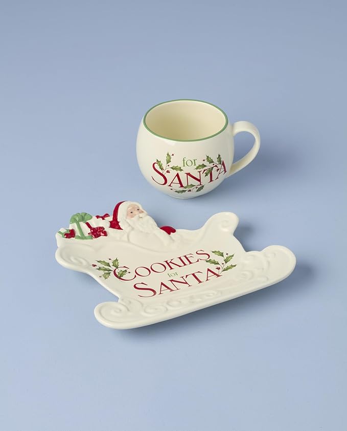 Lenox Serveware, Holiday Cookies & Milk for Santa 2-Piece Set, Service for 1, 11 Oz Cup, Porcelain, Dishwasher Safe, Christmas Cookie Plate & Coffee Mug, Christmas Decor, Santa Sleigh Design (2 Piece)