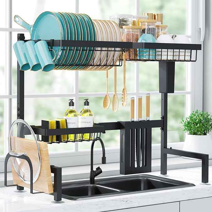 Over The Sink Dish Drying Rack - Adjustable 2 Tier Large Capacity Stainless Steel Drainer with Cutlery & Utensil Holders, Kitchen Storage & Organization, 30"-33.9" L x 11" W x 21.5" H, Black