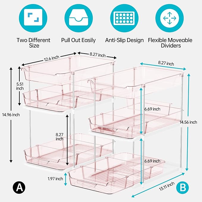 Delamu 2 Pack 3-Tier Bathroom Under Sink Organizers and Storage, Multi-Purpose Stackable Pantry Organization and Storage, Pull Out Clear Kitchen Bathroom Cabinet Organizer with Movable Dividers, Pink