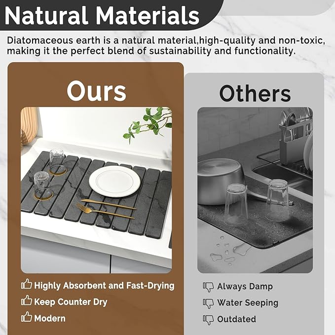 Large Stone Dish Drying Mat for Kitchen Counter, Quick Dry Stone Dishes Mats, Foldable Water Absorbing Diatomaceous Drying Pad for Countertop Bottles Utensils Cups Bathroom (Dark Gray 24"x16")