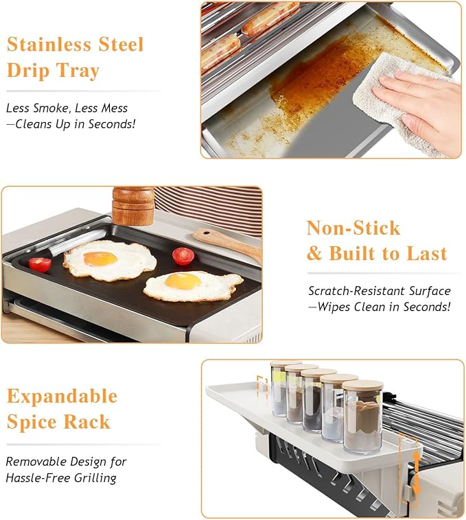 3-in-1 Electric Grill with Hot Dog Roller, Portable Indoor Outdoor BBQ Grill, Griddle and Sausage Roller Machine with Removable Non-Stick Plate & Drip Tray, for Tailgate, Camping, RV, Home Kitchen