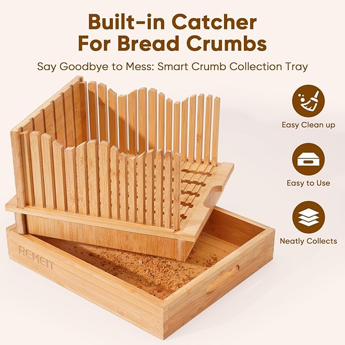 Bread Slicer for Homemade Bread, Adjustable Large Bamboo Sourdough Bread Slicer with Slicing Guide & Crumb Tray, Bread Loaf Cutter for Sourdough, Cakes & Bagels – Baking Gift