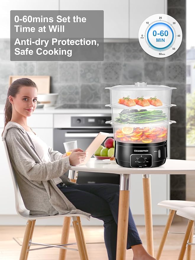 3 Tier Electric Food Steamer for Cooking, 13.7QT Vegetable Steamer for Fast Simultaneous Cooking, Veggie Steamer, Food Steam Cooker, 60 Minute Timer, BPA Free Baskets, 800W(Black)
