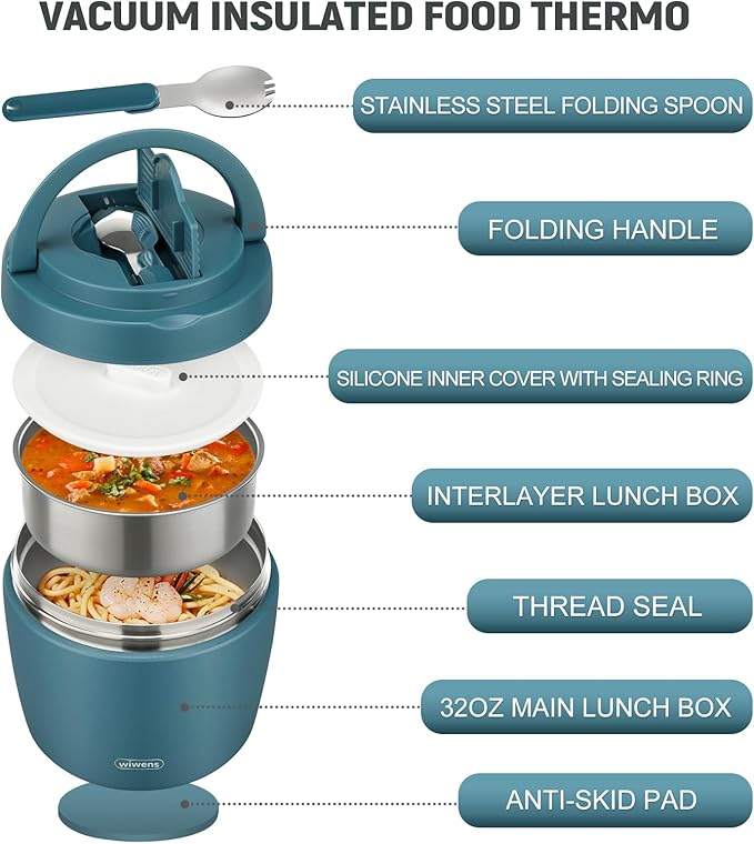 wiwens Thermo Food Jar for Hot Food Adults 32OZ Soup Thermo Lunch Containers Wide Mouth Vacuum Insulated Stainless Steel Leakproof Bento Box with Spoon (lake blue)