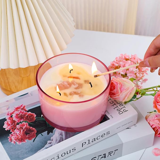 CONNOO 24oz Pink Thick Glass Candle Jars 6 Pack, Multi-Wick Wide Mouth Empty Bulk Candle Containers for Making Candles with Airtight Bamboo Lids, Sticky Warning Labels, Wick kit- Dishwasher Safe