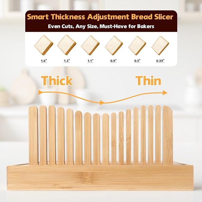 Foldable Bamboo Bread Slicer Tray with Crumb Collector & Adjustable Guide - for Perfectly Even Slices of Homemade, Sourdough & Sandwich Bread (Knife Not Included)