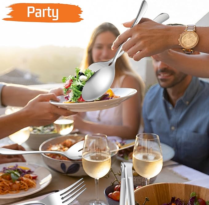 12-Piece Large Serving Utensils Set, E-far Stainless Steel 9.8 Inch Serving Slotted Spoons, 9.9 Inch Fork, 9.4 Inch Tong for Buffet Catering Banquet, Mirror Finish & Dishwasher Safe