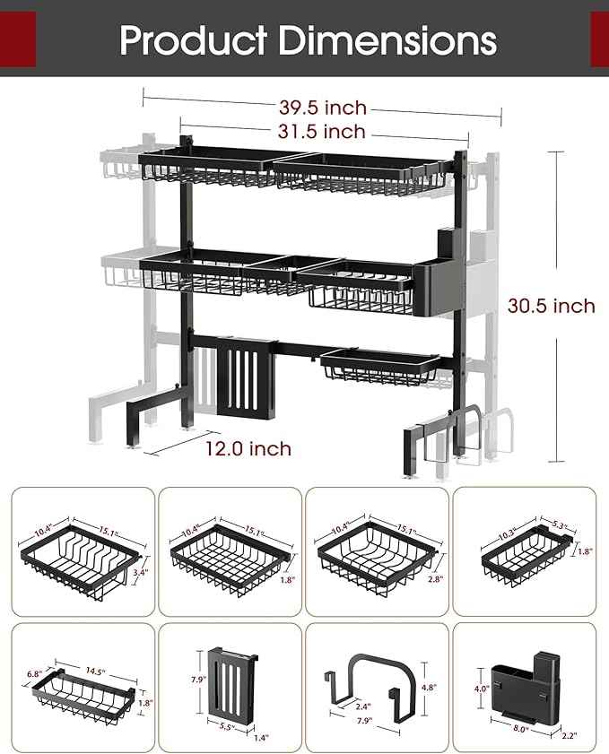 Over The Sink Dish Drying Rack - Adjustable 3 Tier XX-Large Capacity Stainless Steel Drainer with Cutlery & Utensil Holders, Kitchen Storage & Organization, 31.5"-39.5"L x 12"W x 30.5"H, Black