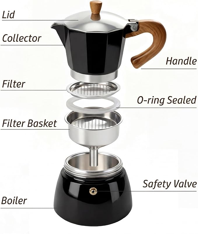 AGOGO Milano Moka Pot Stovetop Espresso Maker with 100 Paper Filters for Sediment-Free Coffee, Classic Italian Greca with Wood-Grain Handle,Cleaning Brush & Towel 6 Cup (10oz / 300ml) Black