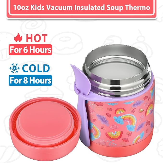 10oz Soup Thermo for Hot Food Kids,Lunch Thermo Kids Food Jar with Spoon Hot Insulated Food Containers,Leak Proof Stainless Steel Wide Mouth Lunch Thermo Jar for School(Pink-Rainbow)