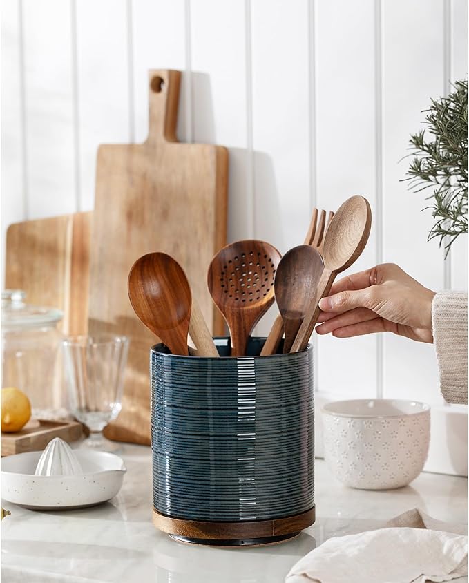 Utensil Holder, 360° Rotating Extra Large Ceramic Kitchen Utensil Holder for Countertop, 7.3“ Cooking Utensil Crocks for Kitchen Counter with Rotatable Wooden Base, Farmhouse Decor, Dusty Blue
