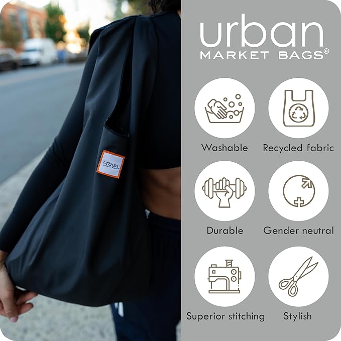 Urban Market Bags - Onyx - 3 Foldable Reusable Shopping Bags in 1 Compact Pouch, Luxury Quality, Recycled Fabric, Holds 50+ lbs, Machine Washable, Pouch Fits in Cupholder, Designed in California