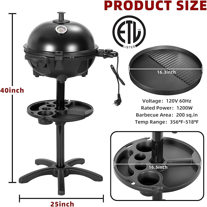 QPMR Electric Grill Outdoor/Indoor,Portable BBQ Grill with Nonstick Surface,200 Square Inches Indoor Electric Barburcue Grill with Adjustable Heat,Stand/Tabletop,for Patio/Yard/Home(Black)
