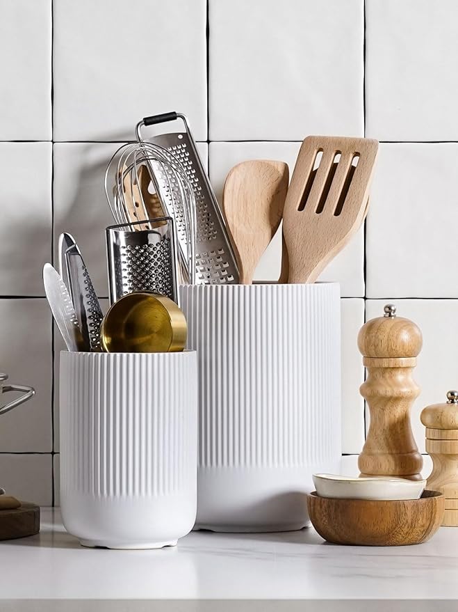 LE TAUCI Utensil Holder for Kitchen Counter, 7.3"+5.4" Fluted Ceramic Utensil Crock Organizer for Countertop, Heavy Large Holder for Spatulas, Spoons, Set of 2, White, Kitchen Counter Decor